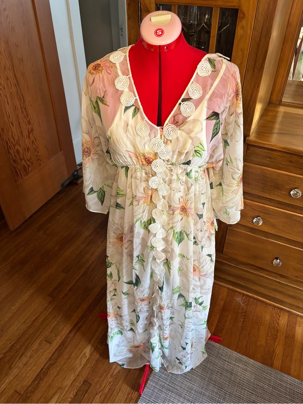 Farm (Anthropologie) - Floral V-Neck Midi Dress in Cream with Lace Trim